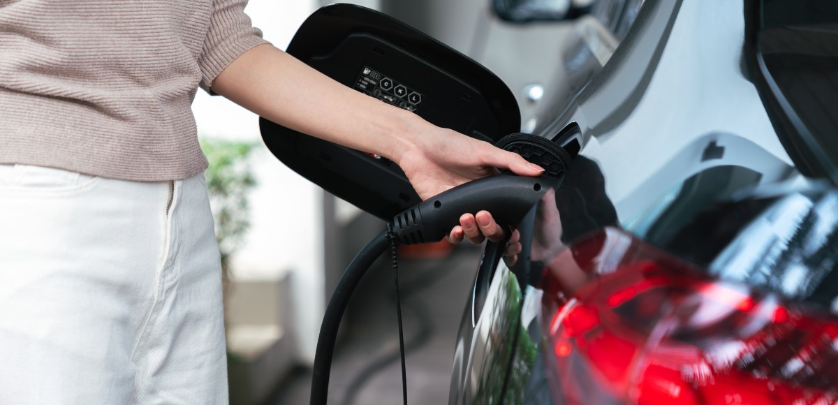 A person holding the plug of an electric vehicle charger
