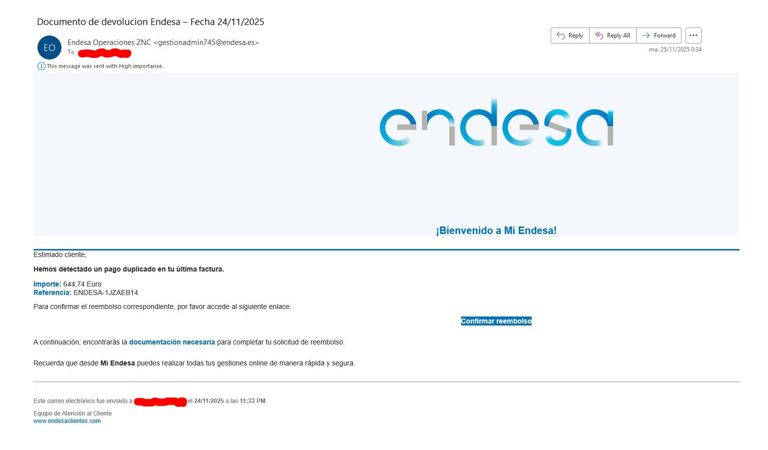 Imagen: ejemplo de phishing de reembolso Endesa por vía email