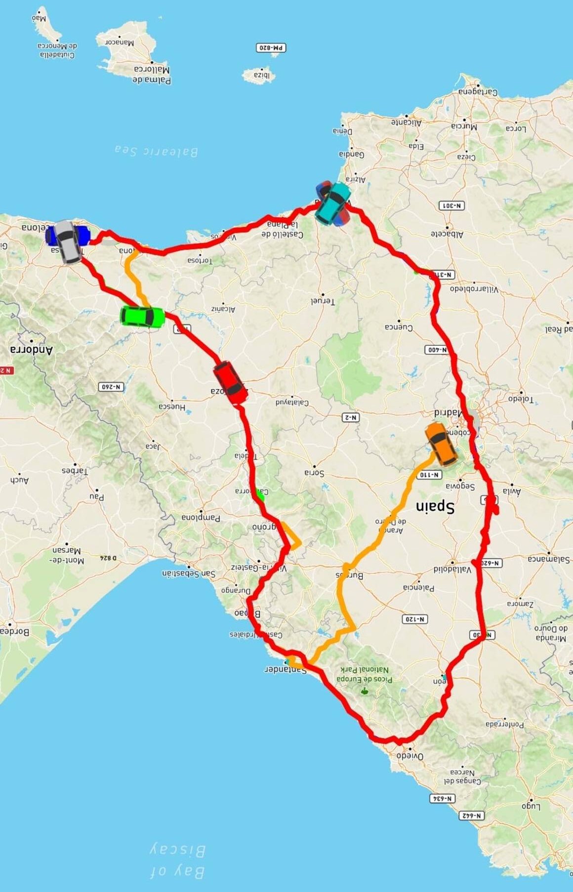 Visualización de un momento del recorrido de #eCarrusel2025 con los 6 coches eléctricos participantes.
